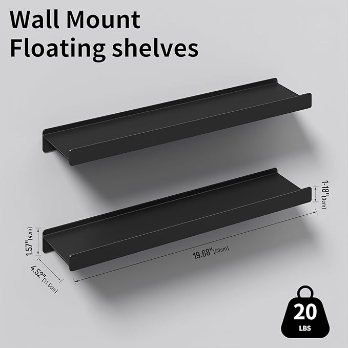 Floating Shelves for Wall, Wall Mounted Shelves with Lip for Storage, Metal Display Shelves for Home Decor, Kitchen/Living Room/Bedroom/Bathroom Shelf, Black 20 inch 2 Pack-NeatNest