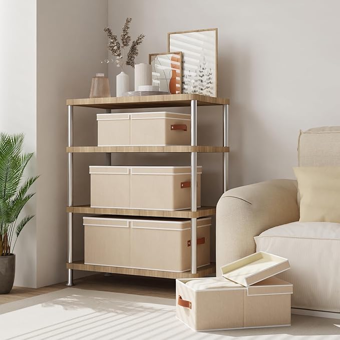 3-Pack Storage Boxes, Foldable Blanket Basket with Detachable Lid, Linen Closet 0rganizers with Double Handles, Collapsible Cubes for Organizing, Beige, 16.1 x 9.8 x 6.5 inch-NeatNest
