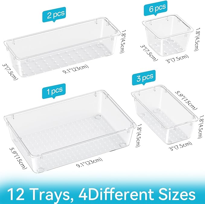 12 PCS Drawer Organizer Set, 4 Sizes Storage Drawer Units, Clear Plastic Makeup Vanity Organizer and Storage Bins for Makeup, Stationeries, Multiple Gadgets for Bathroom, Office, Bedroom-NeatNest