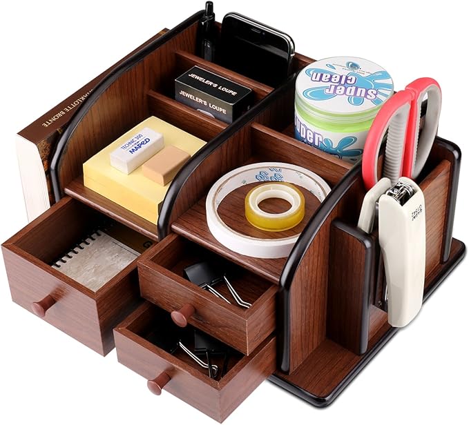 Flexzion Wooden Desk Organizer w/Drawers - Classic Wood Office Supplies Accessories Desktop Tabletop Sorter Shelf Rack Cherry Brown Pencil Holder Caddy Set with 3 Drawers, 3 Compartments & 2 Shelves-NeatNest