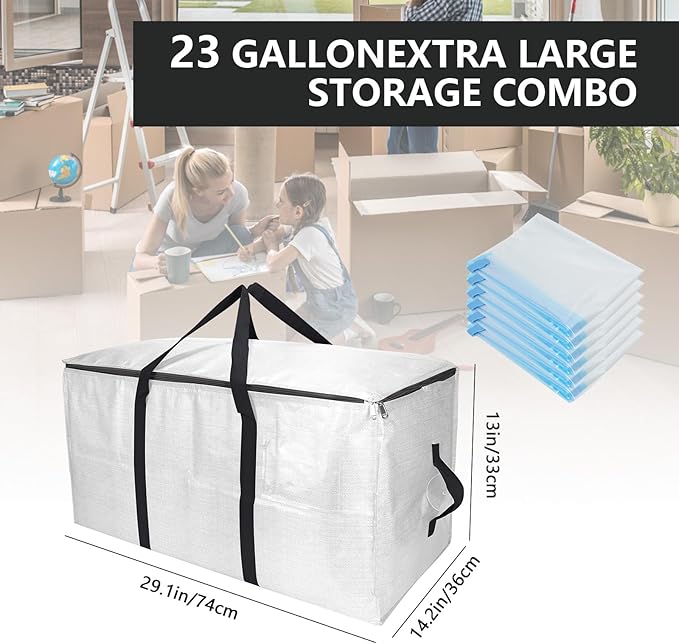 Extra Large Moving Bags with Vacuum Storage Bags Combo – Heavy Duty Totes with Handles & Zippers for Effortless Moving, (Transparent, 12 Park-2 Move bag & 10 Vacuum Seal Bag)