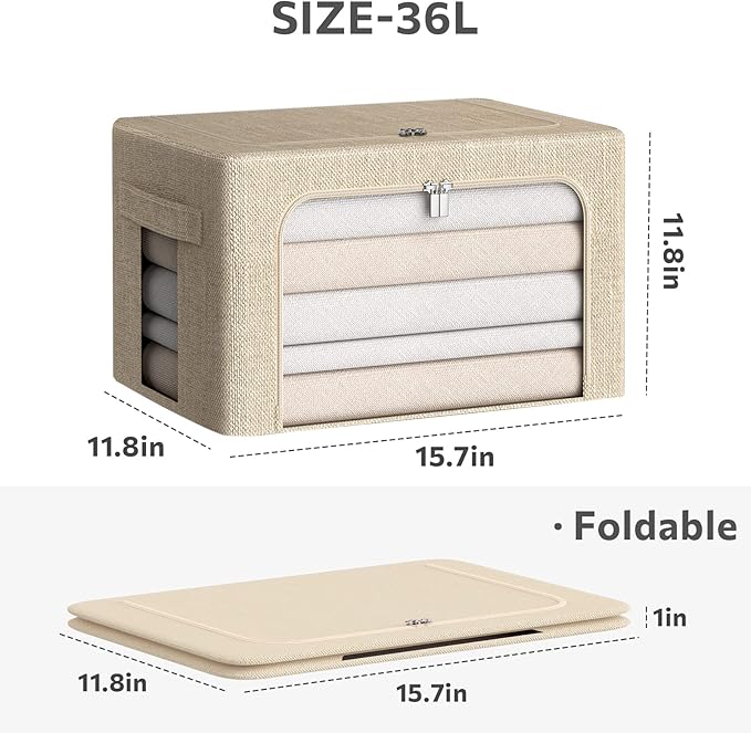 3Pack Foldable Storage Bins - Frame Storage Box Linen Fabric Stackable Clothes Container Organizer with Clear Window & Carry Handles Large Capacity (Medium-36L, Beige)-NeatNest