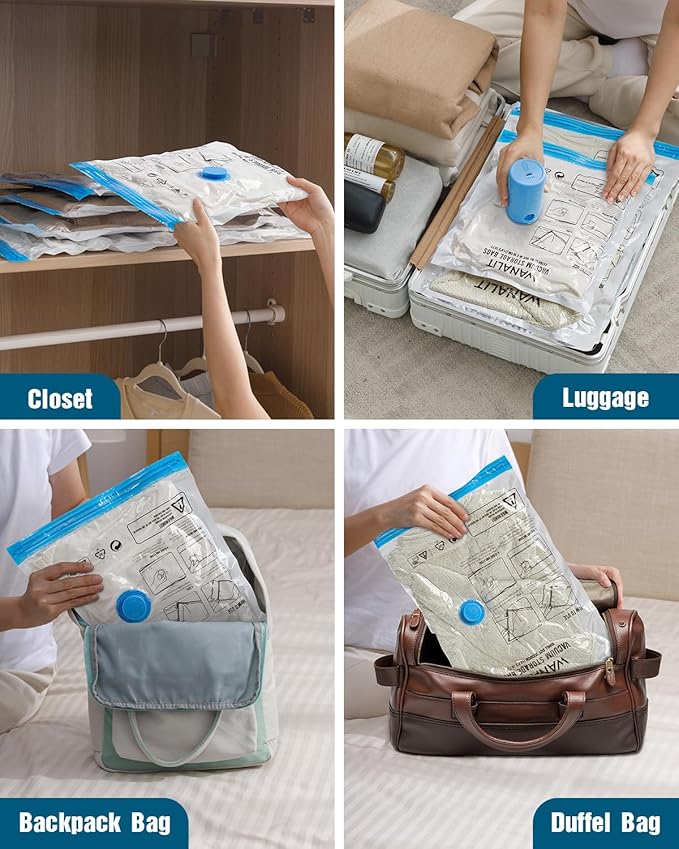 Vacuum Storage Bags for Travel, 8 Pack (4S+4XS) Vacuum Seal Bags with Wireless Rechargeable Electric Pump, Travel Essentials Space Saving Compression Bag for Clothes, Luggage, Suitcase, Backpack, Trip-NeatNest