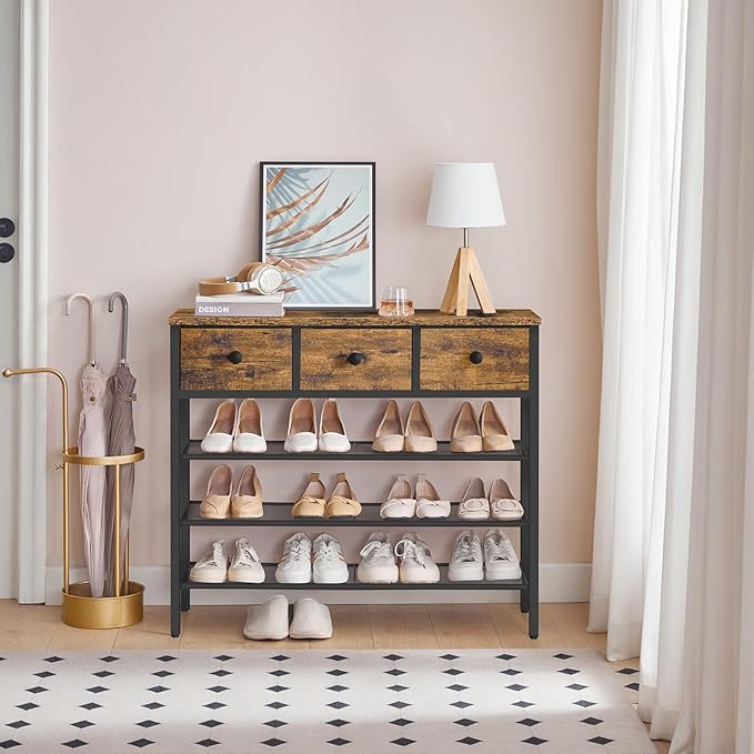 4-Tier Shoe Rack with 3 Drawers, Metal Shoe Organizer for 15 Pairs with Storage Shelves and Wooden Top, for Entryway, Hallway, Foyer, Closet, Rustic Brown and Black SS34BR-NeatNest