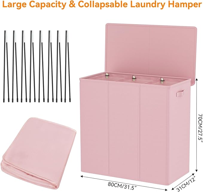 WOWLIVE 180L Laundry Hamper with Lid 3 Section,Large Laundry Basket with Removable Bags and Handles,Collapsible Dirty Clothes Hampers for Laundry,Laundry Basket Organizer for Laundry Room,Dorm,Pink-NeatNest