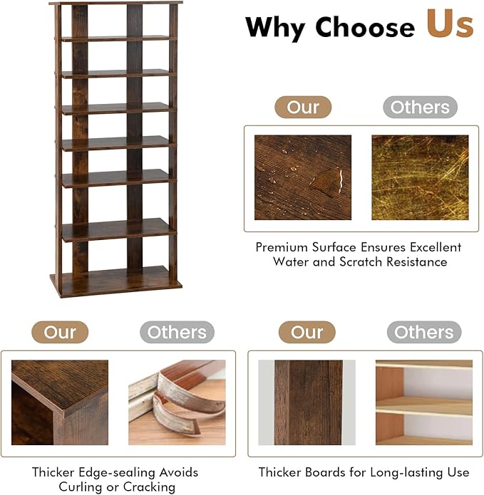 COSTWAY 7 Tiers Shoe Rack, Double Rows Vertical Tall Narrow Patented Shoe Organizer, Free Standing Shoe Rack for Small Space, Entryway, Closet, Living Room, Bedroom (Rustic Brown)-NeatNest