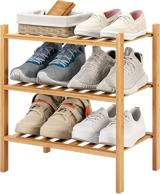 3-Tier Small Shoe Rack for Entryway, Stackable | Heavy Duty | Multi-Function, Bamboo Free Standing Shoe Racks for Bedroom Hallway Closet-NeatNest