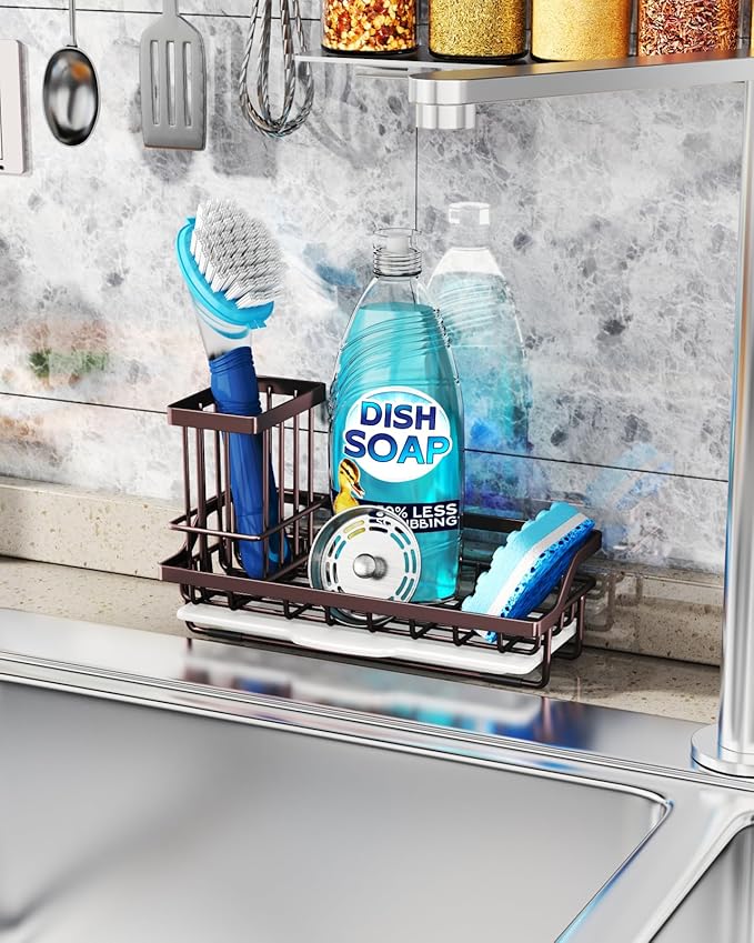 Consumest Sink Caddy Kitchen Organizer, Sponge Holder for Kitchen Sink with Removable Drip Tray for Countertop Dish Soap Holder Dispenser Brush Holder, 304 Stainless Steel - Bronze-NeatNest