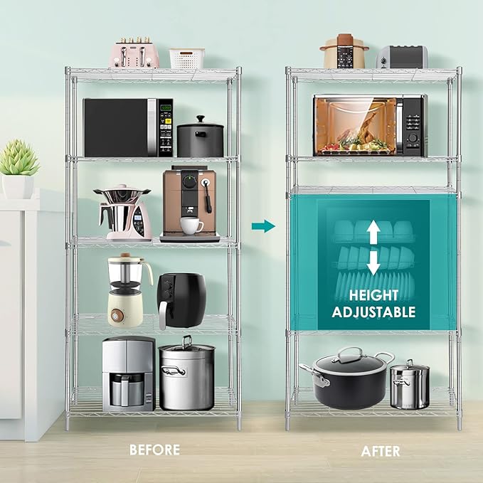 BNSPLY 5 Tier Wire Shelving Unit, Height Adjustable Wire Shelves, Metal Storage Rack Organizer for Laundry, Kitchen, Bathroom, Pantry, Closet (13.5" D x 29" W x 59" H, Chrome)-NeatNest