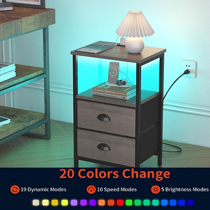 Nightstand with Charging Station, LED Night Stand with 2 Fabric Drawers, Grey Bedside Tables End Table with Drawers, 2-Tier Storage Side Table Nightstand with Drawers for Bedroom, Grey