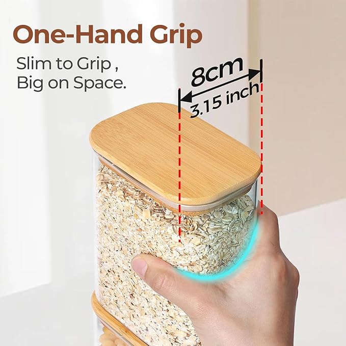 ComSaf 2.2 Qt Rectangle Glass Storage Containers with Lids, Glass Jars with Bamboo Lids, Clear Food Storage Jar, Tall Spaghetti Container, Pantry Storage Container for Pasta Flour Oats Nuts Rice-NeatNest