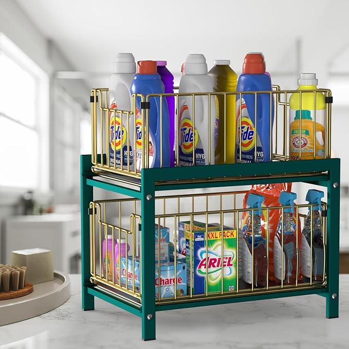 2 Tier Sliding Basket Drawer Organizer, Lxmons Pull Out Under Sink Cabinets Organizers, Metal Home Shelf for Bathroom or Kitchen, Sliding Countertop or Pantry Storage Shelf, Large Gold Green-NeatNest