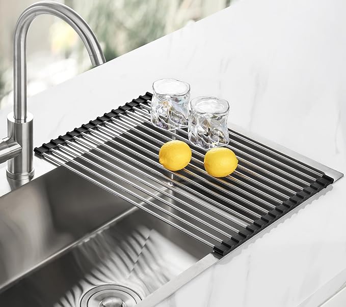 Tomorotec 17.7" x 12.5" Roll Up Dish Drying Rack Over Sink Drying Rack Sink Cover Kitchen Sink Accessories Gadget Multipurpose Organizer Foldable Stainless Steel Drainer
