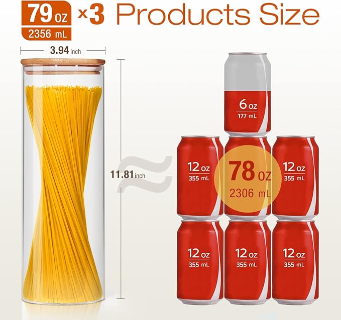 Glass Jars with Bamboo Lids 79 FL OZ [Set of 3], Glass Canisters with Airtight Lids, Glass Food Storage Containers for Spaghetti, Fettuccine, Linguine,Pasta, Best for Kitchen & Pantry-NeatNest