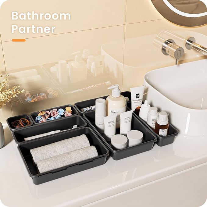 A-LuGei 【28PCS】 Drawer Organizer, Bathroom Organizers and Storage, Makeup organizer, Desk drawer organizer, Storage Bins for Kitchen Office Bedroom Vanity Jewelry Pantry Garage【Black】【4Size】-NeatNest