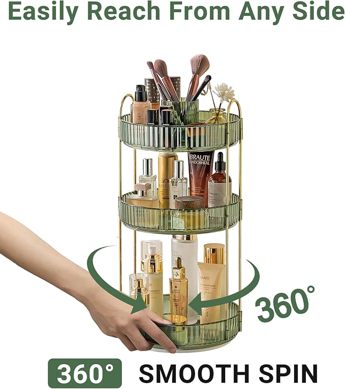 360 Rotating Makeup Organizer,3 Tier Large Capacity Make Up Organizers and Storage,Skincare Perfume Vanity Organizers,Bathroom Cosmetics Storage Organizer Countertop (Green)-NeatNest