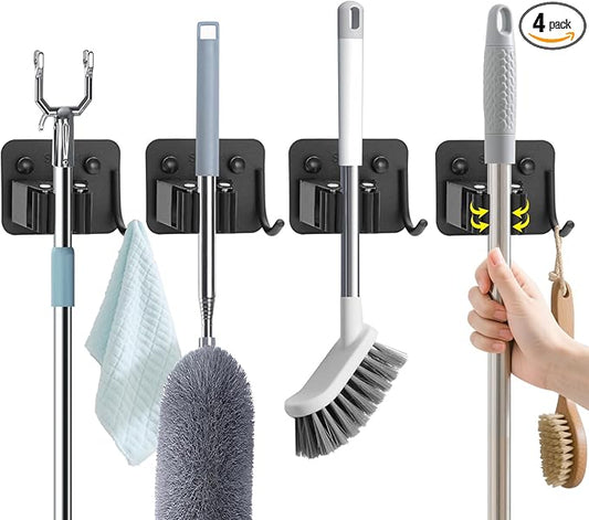Broom Holder Wall Mount with Screws (4 Pack) Broom and Mop Organizer Wall Hanging, Anti-Slip Mop Holder Broom Hanger with Hooks, Stainless Steel Tool Rack for Garden Garage Organization-NeatNest