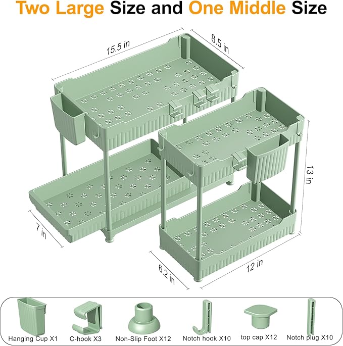 3 Pack Under Sink Organizers, 2-Tier Multi-Use Kitchen and Bathroom Organizers and Storage with Sliding Drawers，Bathroom Cabinet Organizer (Green, 12.8 Inch)-NeatNest
