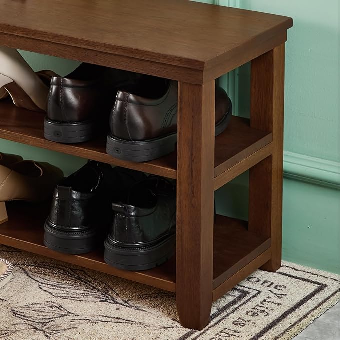Shoe Rack Bench, 2-Tier Wood Heavy Duty Shoe Organizer Shelf for Entryway, Living Room,Bedroom (Brown, 11.81"X31.5"X16.54")-NeatNest