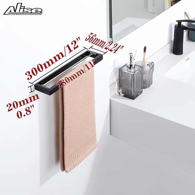 Alise Bath Towel Bars,12 Inch Towel Holder Towel Racks for Bathroom and Lavatory,SUS304 Stainless Steel Hand Towel Hanger Towel Rail Wall Mount,Matte Black GJF030-B