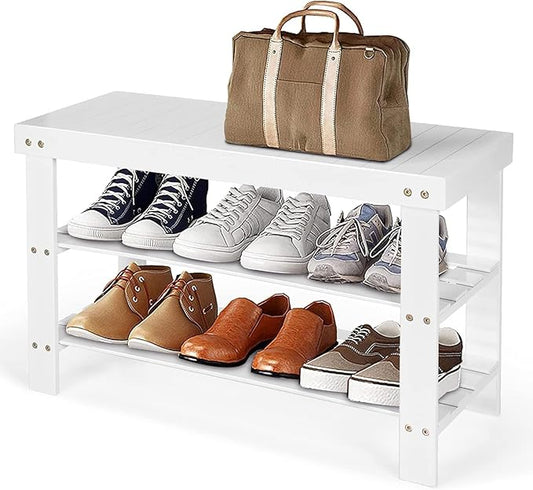 Safeplus 27.5" Bamboo Shoe Rack Bench, 3-Tier Entryway Shoe Organizer, Storage Shelf for Shoes, Slippers, Holds up to 220lbs for Hallway Bathroom Living Room Balcony
