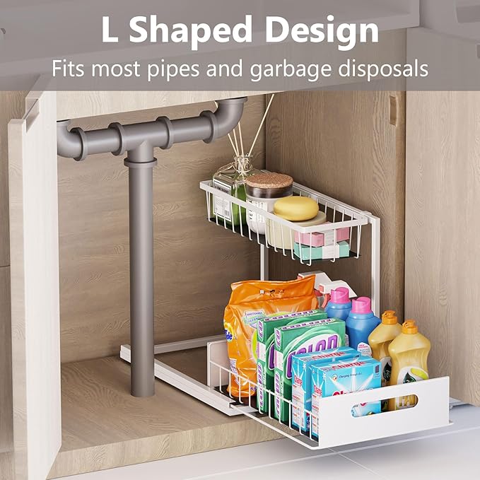 Under Sink Organizers and Storage 2 Tier Slide Out Kitchen Cabinet Organizer Sturdy Metal Bathroom Storage (White, 2 Pack)-NeatNest