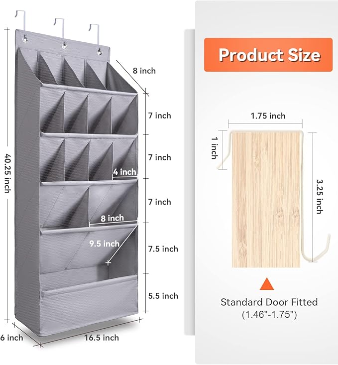 FENTEC 1 Pack Over-the-Door-Shoe-Organizers, Hanging Shoe Organizers with Large Pocket Shoe Holder Hanging Shoe Rack for Closet Shoe Organizer for Wall, Over Door Organizer with 15 Pockets Gray-NeatNest