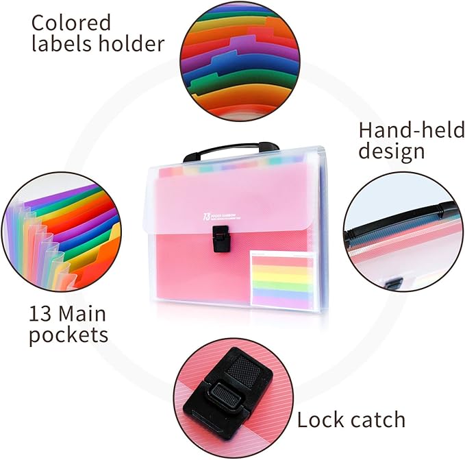 13 Pocket Portable Expanding File Folders, Accordion File Document Organizer with dividers for Any Paper and Document - Rainbow