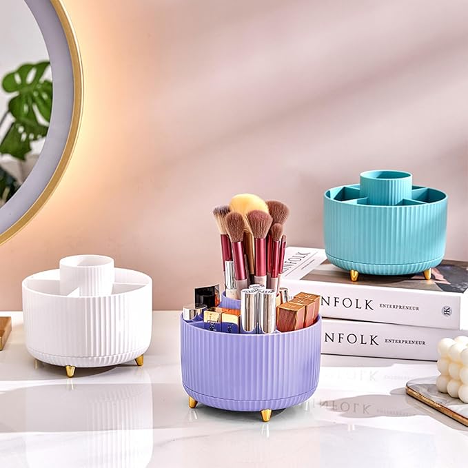 DASITON Large Capacity Makeup Brush Holder,360° Rotating Makeup Organizer,5 Slot Makeup Brushes Cup,for Vanity Decor,Bathroom Countertops,Desk Storage Container,Cosmetic Display cases(Purple)-NeatNest