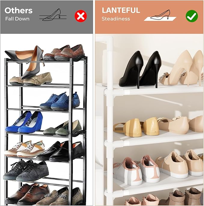 6 Tier Shoe Rack Storage for 24-30 Pairs Shoe and Boot, Shoe Organizer with Hook and Side Pocket Free Standing Long Shoe Shelf Tall Shoe Rack Organizer for Closet, Entryway, Dorm, White-NeatNest