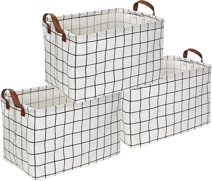 CLOCOR Rectangular Storage Basket, Collapsible Cute Pattern Storage Bin, Waterproof Coating Storage Box with Handles for Home Organization, Gift Basket (3 pack White checks)-NeatNest