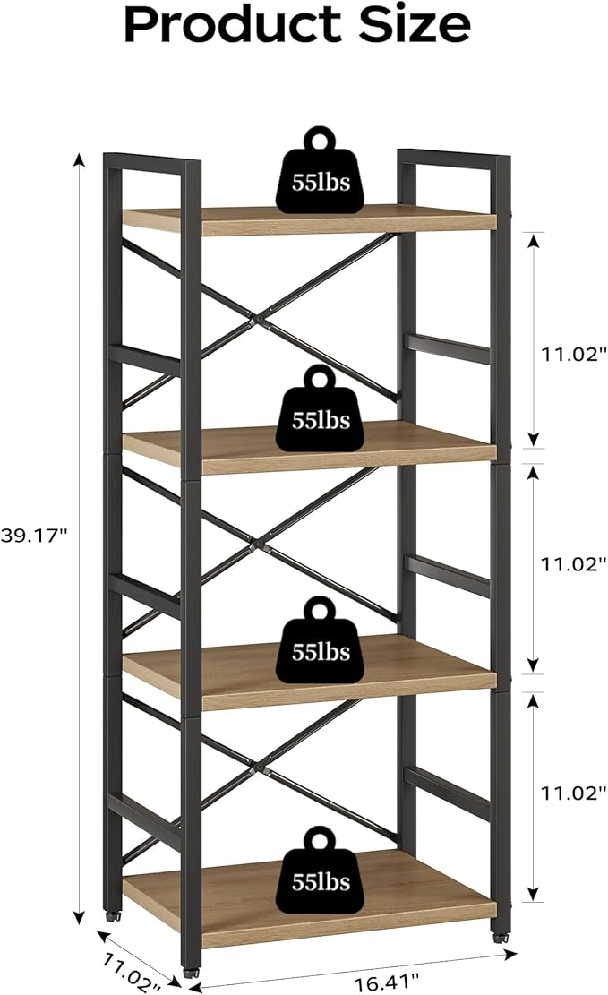 Bookshelf, Kid's Bookshelf, 4 Tier Small Bookcase, Metal Small Bookcase, Book Shelf Organization and Storage for Living Room, Bedroom, and Home Office (Light Coffee)-NeatNest