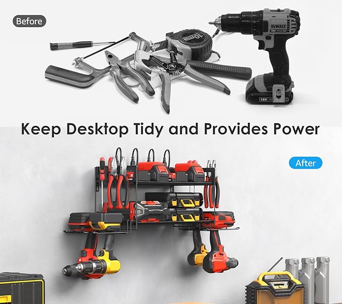 CCCEI Garage Tools Storage with Charging Station. Power Tool Battery Organizer Utility Shelf with Power Strip. 4 Drills Holder Wall Mount Rack, Black.-NeatNest