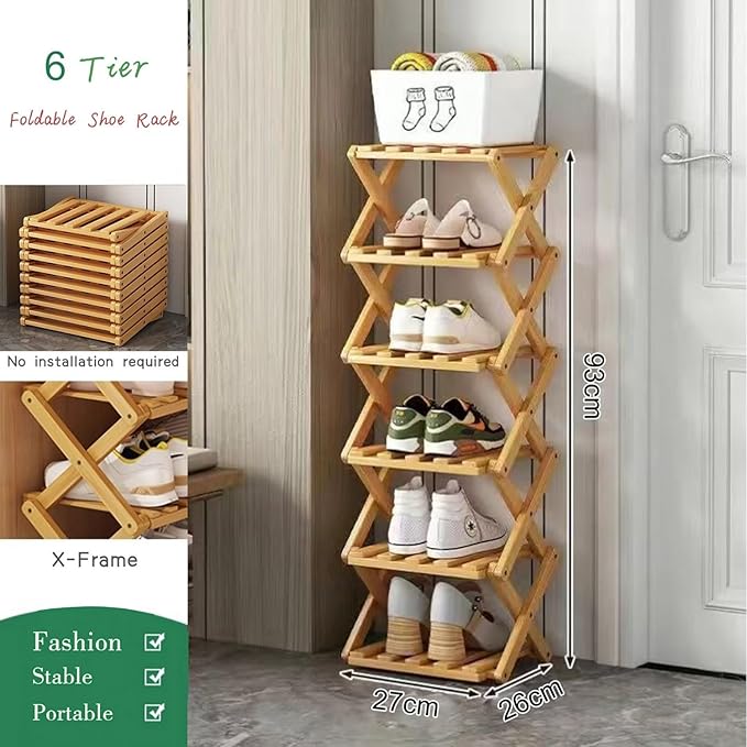Vertical Narrow Shoe Rack, 6 Tier Portable Folding Shoe Storage Rack, Without Installation Free Standing Shoe Rack for Corridors, Bedrooms Living Room Corner and Small Spaces (6 Tier)-NeatNest