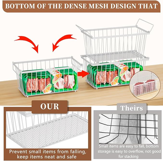 5 Pack Stackable Deep Freezer Organizer Bins ，Upgraded Bottom Leak-Proof net，Encryption and Hardening ， Freezer Organizer Bins for 7 Cu.FT Small Chest Freezer， Easy Get Bottom Foods