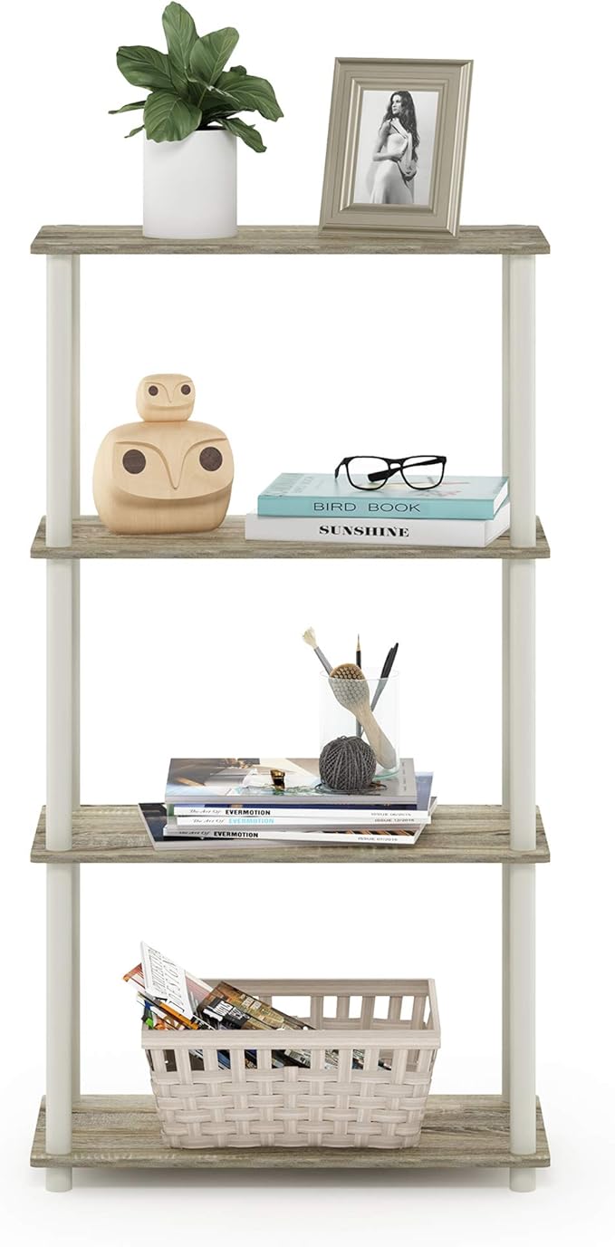 Furinno Turn-N-Tube 4-Tier Multipurpose Shelf Display Rack, Round Tubes, Sonoma Oak/White-NeatNest