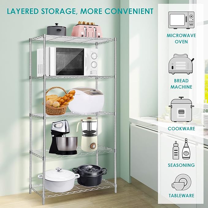 BNSPLY 5 Tier Wire Shelving Unit, Height Adjustable Wire Shelves, Metal Storage Rack Organizer for Laundry, Kitchen, Bathroom, Pantry, Closet (13.5" D x 29" W x 59" H, Chrome)-NeatNest