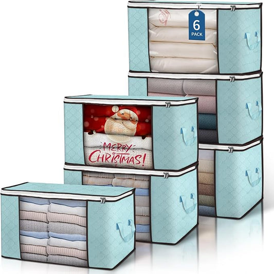 Budding Joy 90 L Large Storage Bags, 6 Pack Clothes Storage Bins Foldable Closet Organizer Storage Containers Storage and Organization for Clothes, Blanket, Comforters, Bed Sheets, Pillows (Blue)-NeatNest