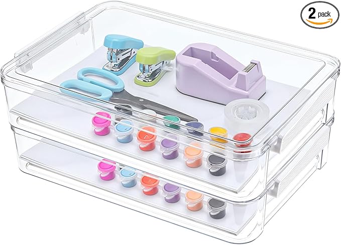 2-Pack 5.5qt Clear Stackable Plastic Storage Boxes with Lids & Snap-Tight Latches – A4 File, Document, Craft Organizer for Home & Office (Large, 13.7” x 9.2” x 2.6”)