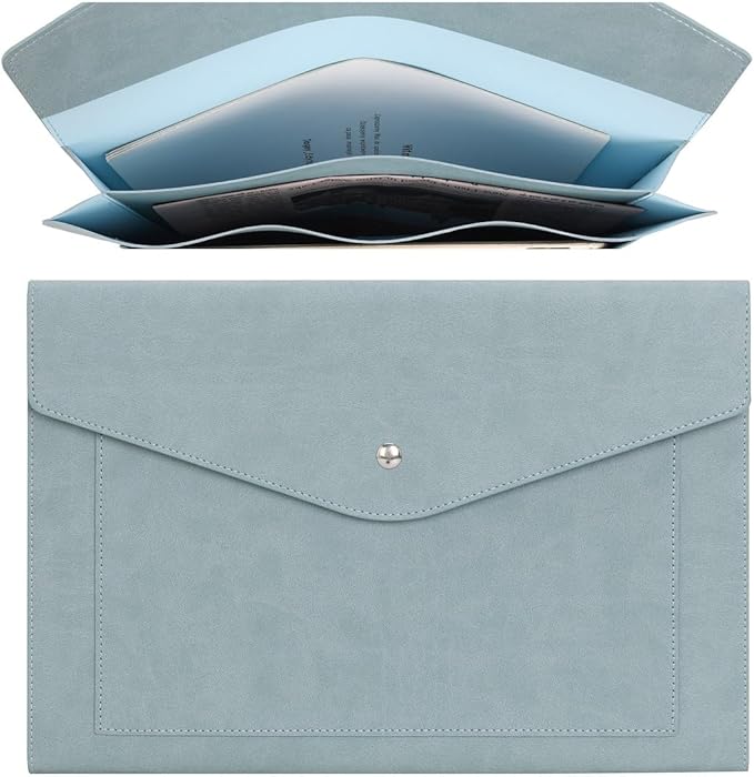 Wason Expanding A4 Document File PU Leather Envelope Case Holder-Large Size Pockets for Paper Bills Stationery Tablet and PC, Work Study Traveling (Light Blue)
