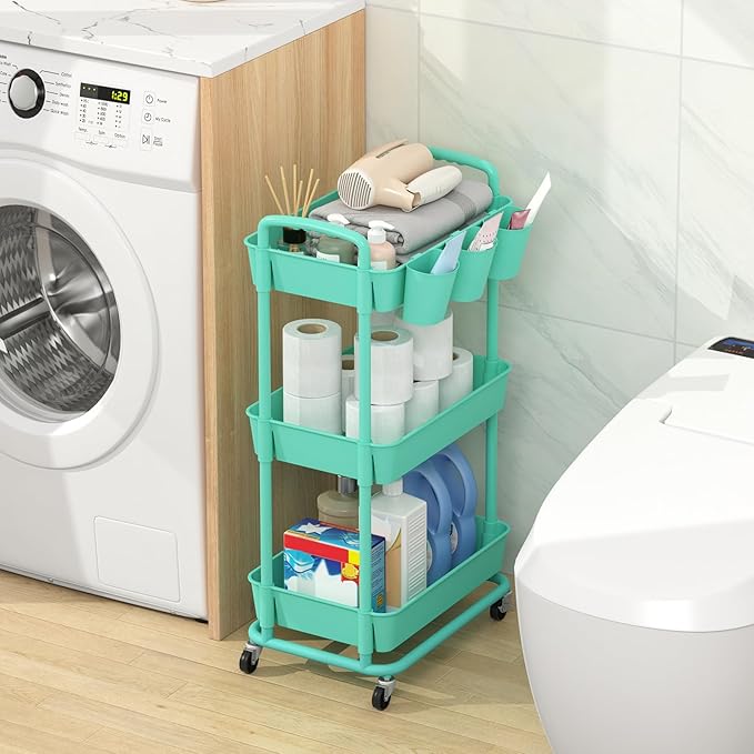 JIUYOTREE 3-Tier Plastic Rolling Storage Cart Utility Cart with Extra Hanging Cups Handles Lockable Wheels for Living Room Bathroom Kitchen Office Green-NeatNest