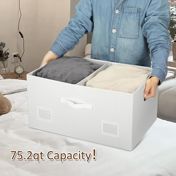 75 Quarts Extra Large Decorative Storage Bins with Lids, 3 Packs White Collapsible Storage Bins with Lids, Stackable Storage Bins Decorative Box Storage With Lid Extra Large-NeatNest