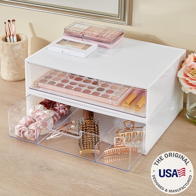 STORi 2 Tier Wide Stackable Kitchen Storage Drawers, White with Clear Bins with Handles, Drawer Organizers for Pantry, Bathroom Undersink, Cabinet Organization and Storage, 2 Drawer Pack, Made in USA-NeatNest