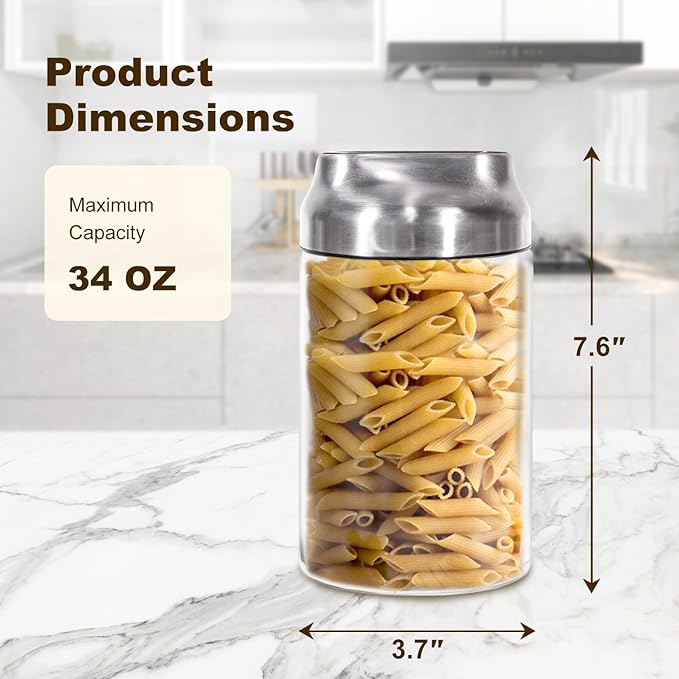 34oz Glass Food Jars Canisters, Wide Mouth Storage Jars with Airtight Lids, Clear Food Storage Containers for Flour, Cereal, Coffee, Nuts & More