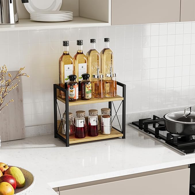 Giikin Countertop Shelf Organizer, 2 Tier Kitchen Spice Rack Organizer for Countertop, Wood Coffee Counter Shelf Organizer for Home (Bamboo, S)-NeatNest