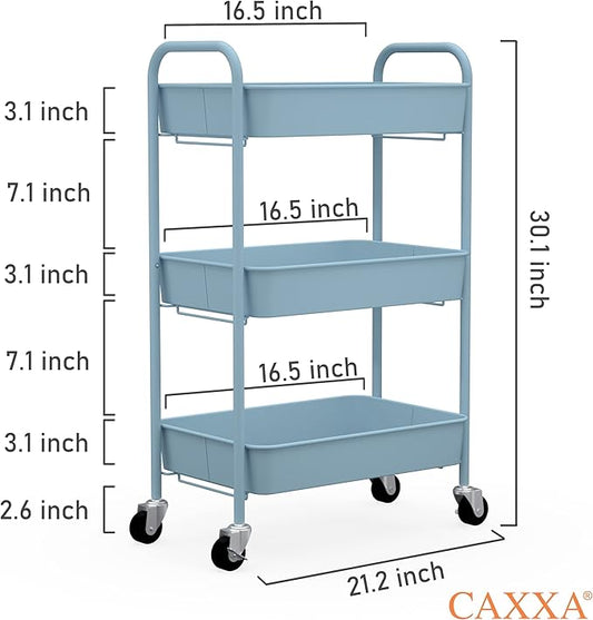 CAXXA 3-Tier Rolling Metal Storage Organizer - Mobile Utility Cart with Caster Wheels, Blue-NeatNest