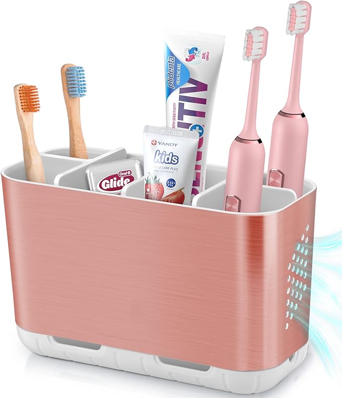 Boperzi Toothbrush Holders for Bathrooms Countertop, Electric Tooth Brush Holder with Adjustable Dividers, Detachable Anti-Slip Large Toothpaste Caddy Organizer Storage for Shower, Family, Kids, Pink-NeatNest