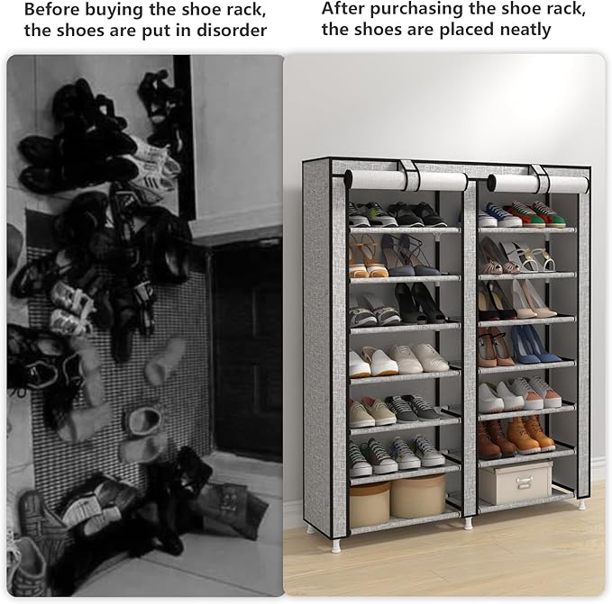 JIUYOTREE 7-Tier Shoe Rack Storage Organizer with Dustproof Cover Closet Cabinet Shelf Holds up to 28 Pairs for Doorway Corridor Balcony Living Room Ash Gray-NeatNest
