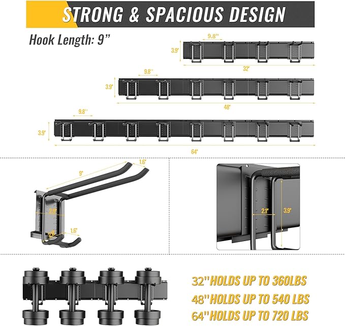 Garage Tool Rack Wall Mount – 32 Inches Heavy-Duty Garden Tool Holder with 4 Adjustable Hanging Hooks – Garage Wall Storage Organizer for Shovel, Rake – Max Load 360 lbs (32 inch)