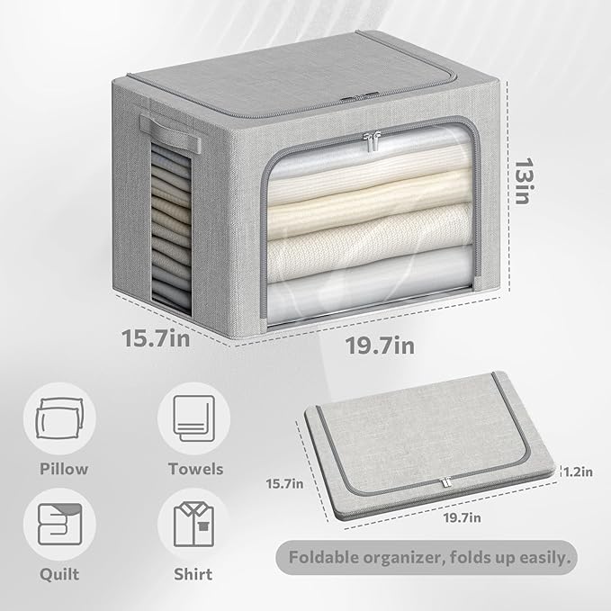 4 Pack Clothes Storage Bins with Metal Frame - Linen Fabric Foldable Stackable Container Organizer Set with Clear Window & Carry Handles & Zippers (Light Grey, 19.7"x15.7"x13")-NeatNest